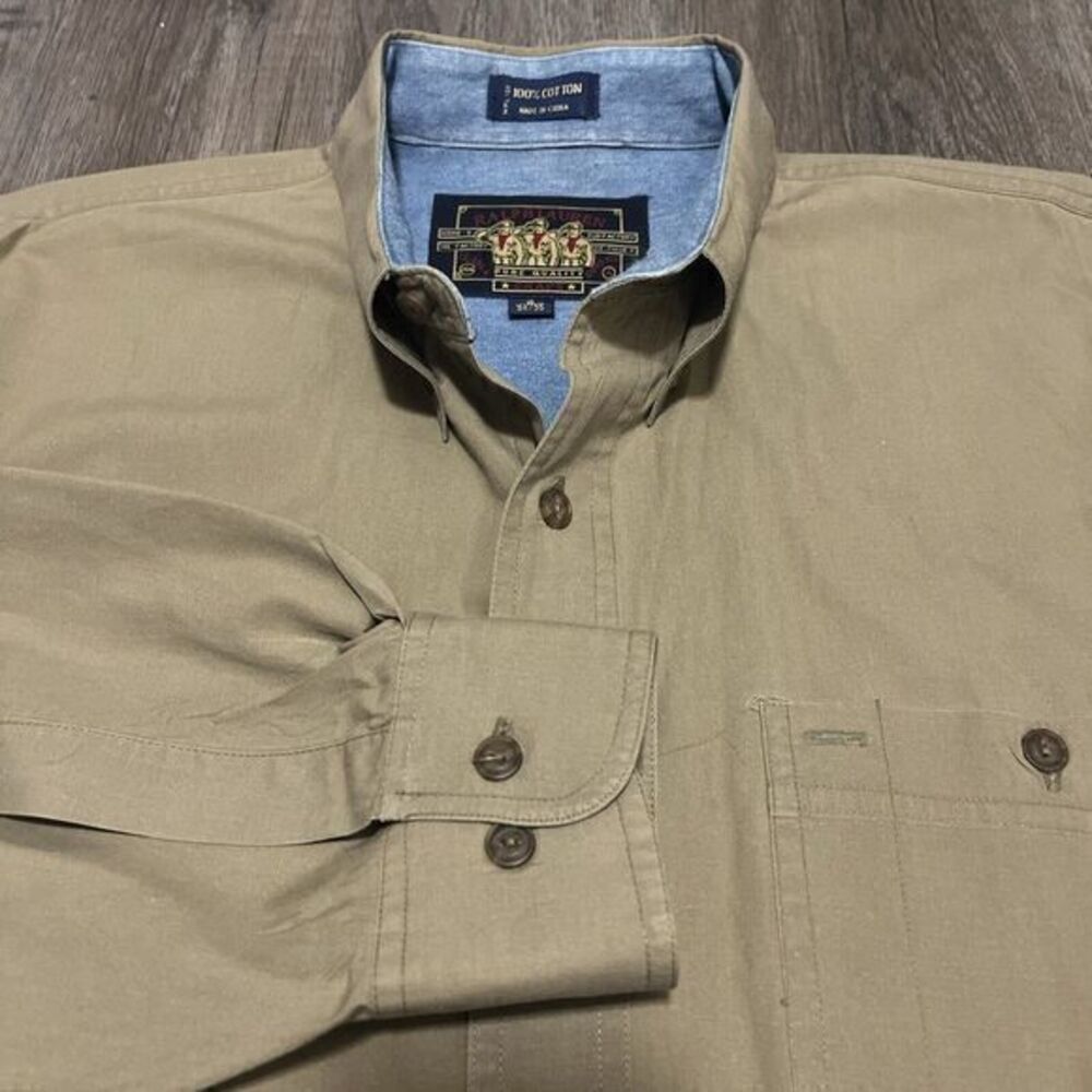 VTG Ralph LaurenChaps Khaki Shirt Lightweight  Long Sleeve Mens 16 34-35 Outdoor